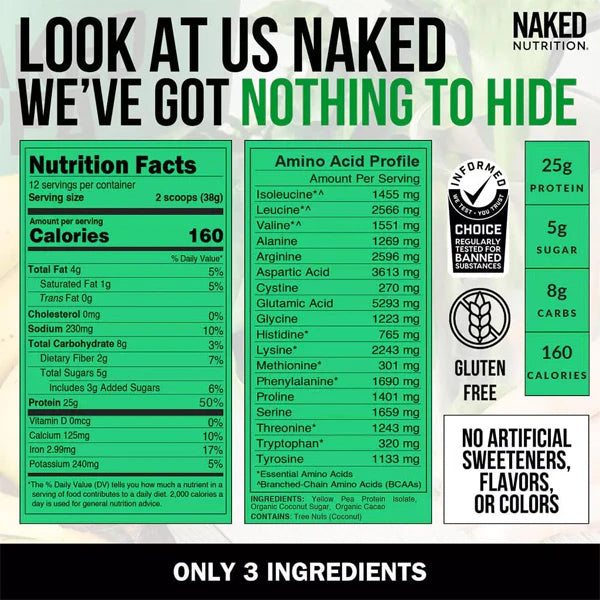 Nutrition label image for 2 Pack - Naked Nutrition Chocolate Pea Protein Isolate 1LB displays nutrition facts, amino acid profile, benefits, yellow pea protein claims, no artificial additives, and gluten-free status.