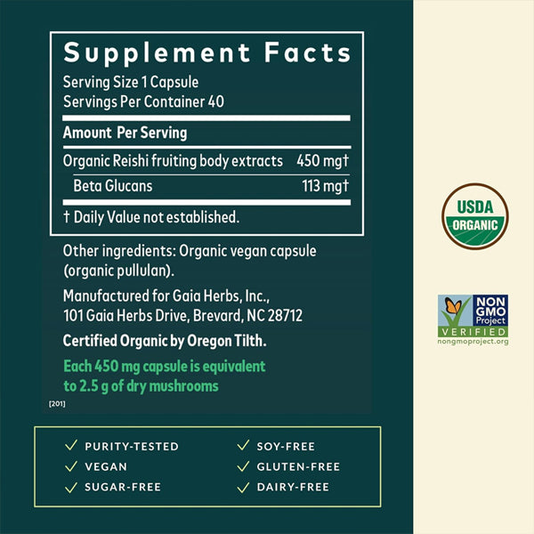 Gaia Herbs Reishi Mushroom Immune Support 40 Vegan Capsules