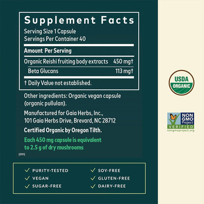 Gaia Herbs Reishi Mushroom Immune Support 40 Vegan Capsules