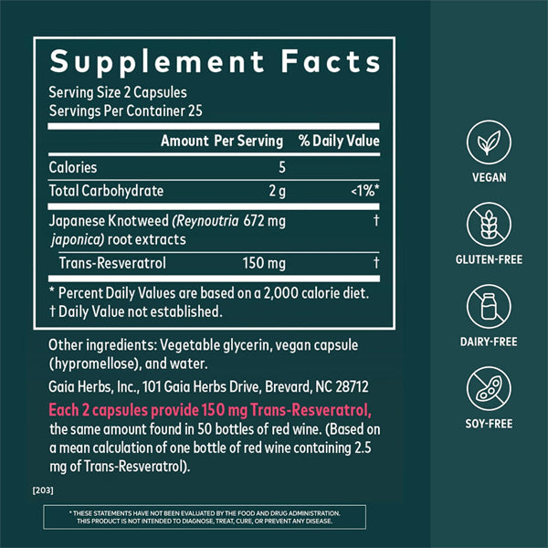 Gaia Herbs Resveratrol for Antioxidant Support 50 Vegan Capsules