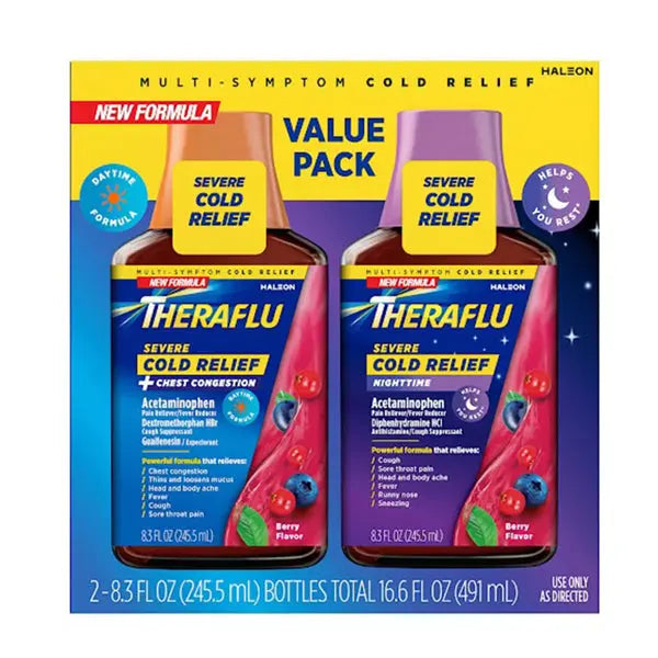 2 Pack - Theraflu Multi-Symptom Severe Cold Day & Night Liquid Berry 16.6oz Theraflu