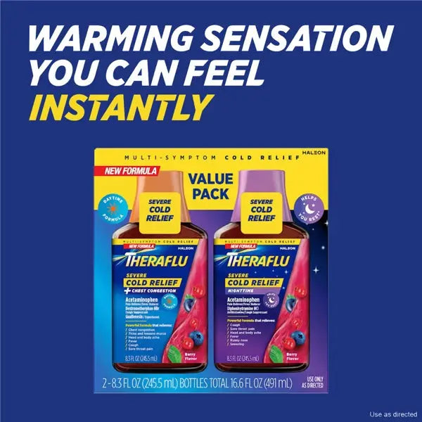 2 Pack - Theraflu Multi-Symptom Severe Cold Day & Night Liquid Berry 16.6oz Theraflu