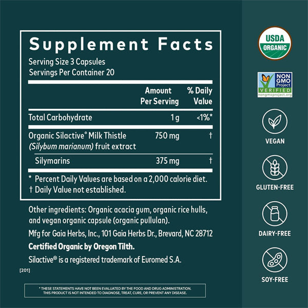 Gaia Herbs Milk Thistle Liver Supplement 60 Vegan Capsules