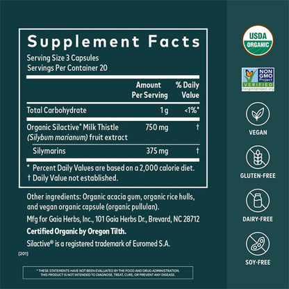 Gaia Herbs Milk Thistle Liver Supplement 60 Vegan Capsules