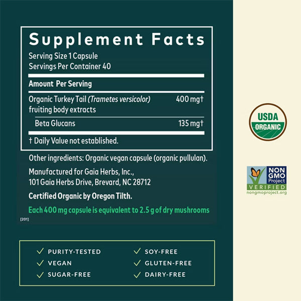 Gaia Herbs Turkey Tail Mushroom Immune Support 40 Vegan Capsules