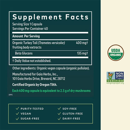 Gaia Herbs Turkey Tail Mushroom Immune Support 40 Vegan Capsules